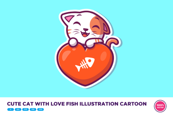 Cute Cat with Love Fish Illustration Review
